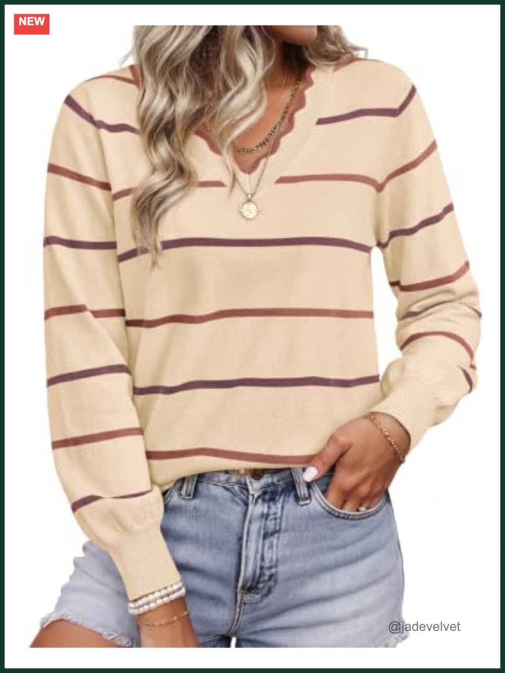 Women's Striped V-Neck Long Sleeve Pullover Sweater - Soft Knit, Scalloped Trim